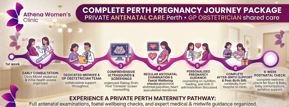 An infographic timeline from Athena Women's Clinic outlining the Complete Perth Pregnancy Journey Package. It shows a six-step pathway from the first week including early consultation, a dedicated midwife and GP obstetrician team, ultrasounds and screenings, antenatal exams, personalized guidance, and after-birth support, concluding with a 6-week postnatal check for mum and baby that includes wellness checks, immunizations, and lactation support.