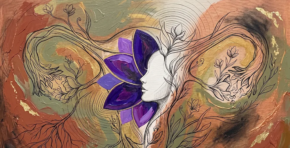 An artistic, multimedia illustration combining painting and sketch styles. On the left, a woman reclines comfortably on an examination couch, receiving an abdominal ultrasound scan. A hand holds the transducer on her abdomen. Fluid, abstract purple organic shapes, incorporating female profiles inspired by the Athena logo, flow across the center. On the right, these shapes lead to a medical monitor displaying a detailed sketch of the female pelvic anatomy, including the uterus, ovaries, and bladder against a cool, colorful background.