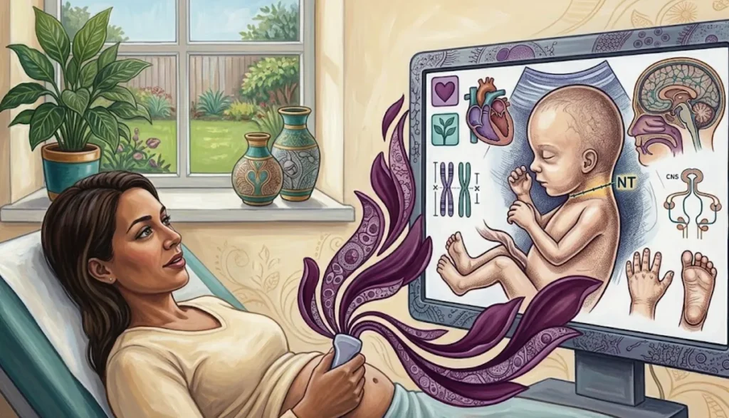 A painting and drawing hybrid illustration showing a pregnant woman on the left lying on an examination bed and holding an ultrasound wand to her lower abdomen. Wavy, dark purple leaf-like shapes containing small cell-like patterns flow from the ultrasound wand toward a large computer monitor on the right. The monitor displays a large, detailed drawing of a fetus in profile, with a dotted line and the letters "NT" pointing to the back of its neck. Surrounding the fetus on the screen are smaller anatomical diagrams: a pair of chromosomes, a heart, a cross-section of a head showing the brain, a diagram of the central nervous system, and detailed sketches of a baby's hand and foot. The background features a window with a view of a garden, a potted plant, and two patterned vases.