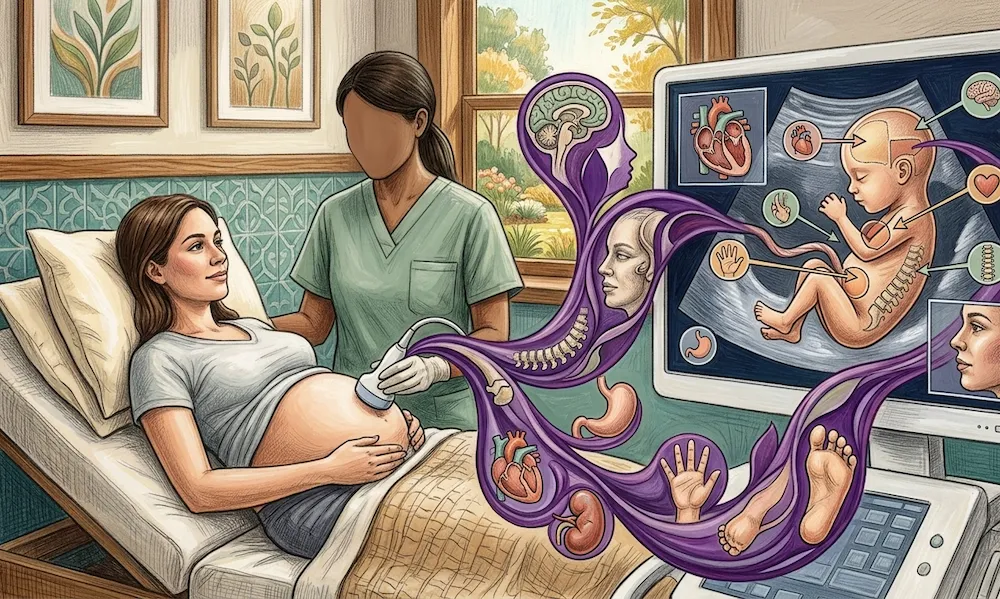 A mixed-media illustration showing a pregnant woman and a sonographer in a clinic room. On the left, the woman lies on an exam table while the sonographer uses an ultrasound wand on her belly. Swirling purple shapes resembling petals and faces flow from the wand across the center of the image. On the right, a large computer monitor displays a detailed drawing of a fetus. Around the fetus on the screen are circular and square inset diagrams pointing to specific body parts: a brain, a heart, a stomach, a spine, kidneys, hands, feet, and a close-up of a human face in profile. The background features framed botanical art and a window looking out at green trees.