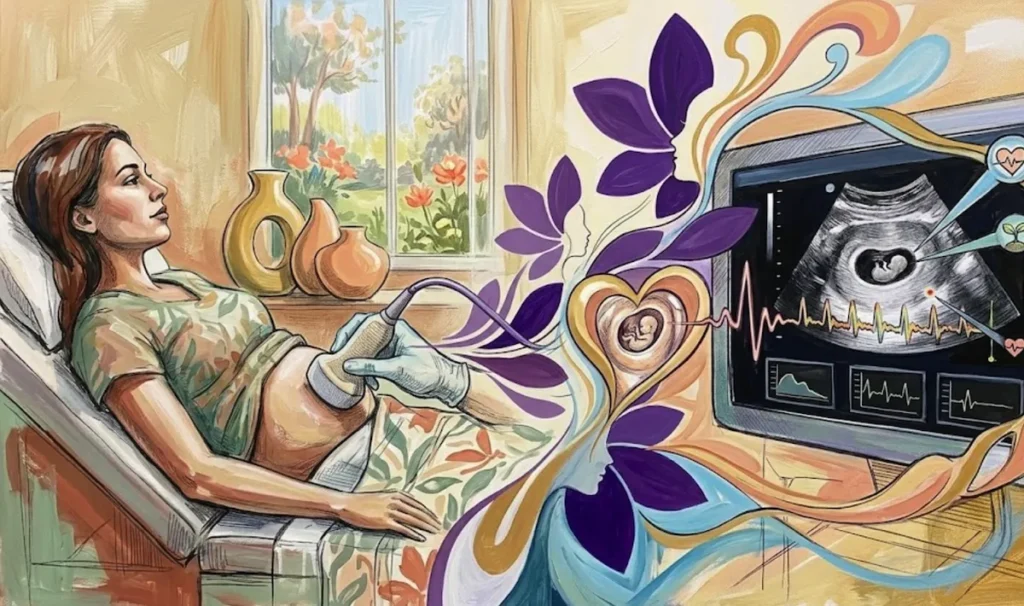 A mixed-media painting and drawing of a woman in a clinical setting receiving an abdominal ultrasound. From the ultrasound probe, abstract purple petal shapes and flowing lines swirl toward the center. In the center is a drawing of a heart shape containing a small fetus. A jagged heartbeat line extends from the heart to a computer monitor on the right. The monitor displays a black-and-white ultrasound image of an early pregnancy, overlaid with small circular graphic icons showing a heart rate and a sprouting plant. The background features a window looking out onto a garden, and three decorative vases on a sill.