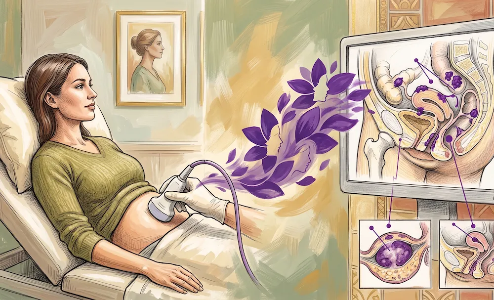 A painterly medical illustration combining acrylic painting textures with detailed pencil and colored pencil drawings. The left side shows a recline female patient in a sage green shirt, receiving an ultrasound on her abdomen. The sonographer’s arm is visible. She looks toward a large monitor on the right. Center-stage, a cluster of purplish-purple petal shapes with integrated subtle woman profile outlines, inspired by image_3.png, flow from the transducer towards the monitor. The large monitor displays a clear, detailed schematic cross-section of female pelvic anatomy (uterus, ovaries, bowel). The screen shows multiple deep purplish nodules and adhesive bands clearly depicted on these structures. Below the main screen, there are two smaller inset illustrative screens. Inset 1 shows a detailed close-up of a uterine wall with internal purplish texture (adenomyosis). Inset 2 shows an ovary with a distinct purplish-filled structure (endometrioma). Background colors are sage green, terracotta, cream, and gold. The style is a textured combination of painting and fine-line drawing. There is no text.
