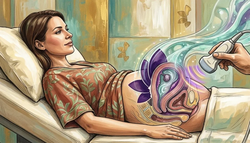 A mixed-media medical illustration showing the Saline Sonography procedure. On the left, a woman reclines while receiving an abdominal ultrasound. Swirling blue water graphics and deep purple petal shapes with face silhouettes flow from the ultrasound wand toward the center. The center features a large cross-section drawing of a uterus. A thin catheter tube is inserted through the cervix, releasing blue fluid that expands the inner uterine cavity, revealing a round growth inside. Two small inset diagrams below show the uterus before fluid insertion and after. On the right, an ultrasound monitor and two printed ultrasound photographs show a black, fluid-filled uterine cavity containing a bright white growth. The background features textured, painterly brushstrokes in warm cream and green tones.