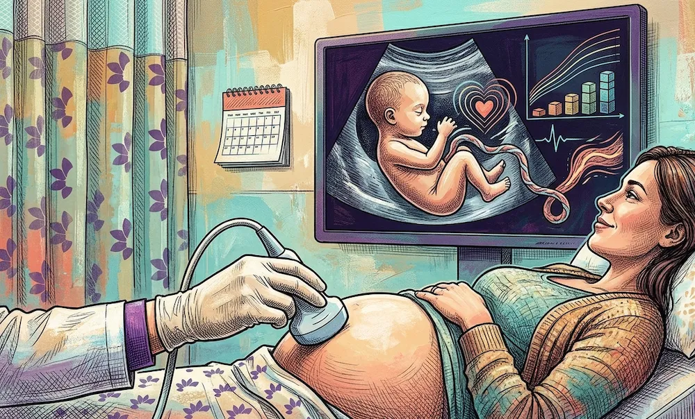 A colored drawing of a pregnant woman lying on an examination bed, looking right at a large wall-mounted monitor. A gloved hand holds an ultrasound wand to her exposed belly. The monitor screen displays an illustration of a fully formed baby in the womb, alongside a pulsing red heart icon and a rising line and bar graph showing upward progress. In the background, there is a wall calendar and a privacy curtain decorated with dark purple leaf patterns. The art style features detailed cross-hatching and warm, textured colors.