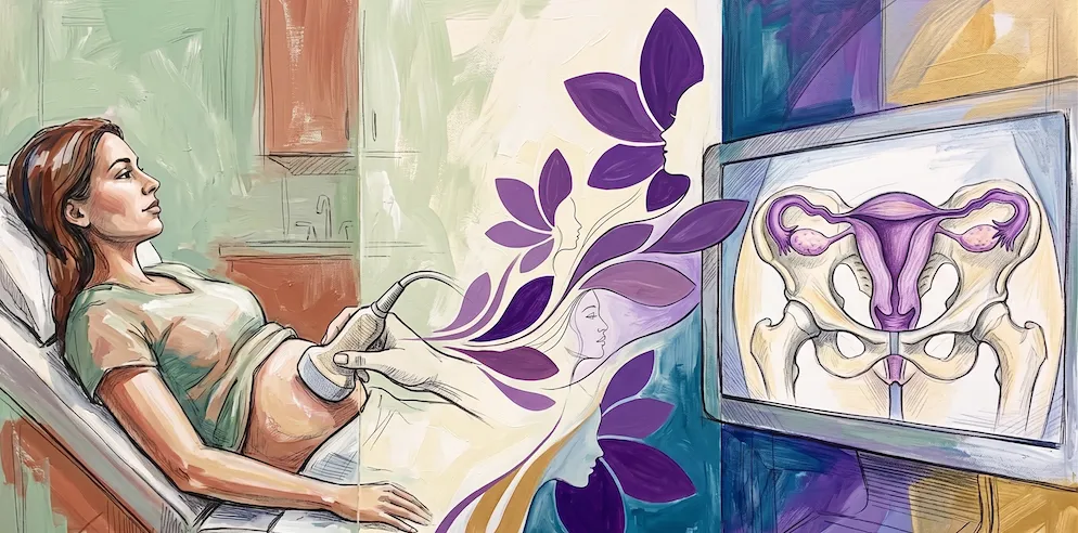 A painterly medical illustration split into three integrated sections. On the left, a female patient in a green shirt lies on an examination table with her head propped on pillows, looking toward a monitor. Her abdomen is exposed, and an ultrasound probe is positioned on her lower belly. Central stylized purple petal shapes containing subtle outlines of women’s faces flow toward the right. On the right, a large medical monitor displays a clear anatomical diagram of the female pelvic structure, including the pelvic bones and the reproductive organs (uterus and ovaries) colored in purple. The background uses rough brushwork in shades of sage green, teal, deep violet, and gold.