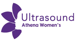Full logo for Athena Women's Ultrasound, featuring a purple flower with a woman's profile in the negative space beside the clinic's name. Book your private women's ultrasound and pregnancy scan today.