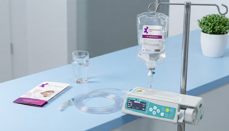 Athena Women's Clinic IV hydration information brochure and sterile medical drip bag sitting on a clean clinic counter in Perth, illuminated by soft natural light.